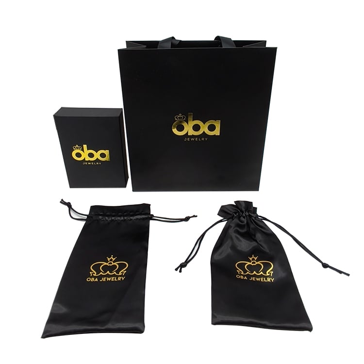 Wholesale Luxury Black Jewelry Paper Bag Ribbon Handle Custom Logo Printed Foil Stamping Shopping Bag