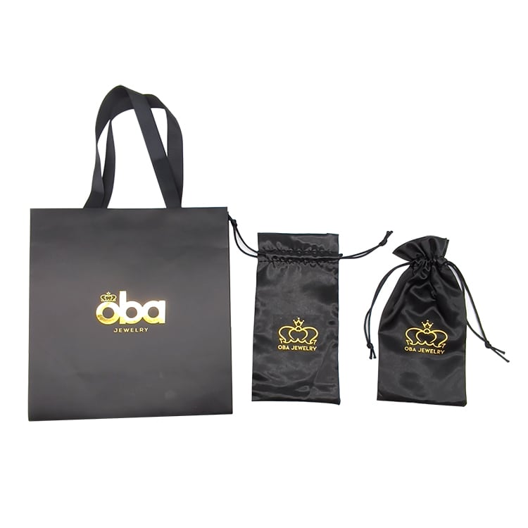 Wholesale Luxury Black Jewelry Paper Bag Ribbon Handle Custom Logo Printed Foil Stamping Shopping Bag
