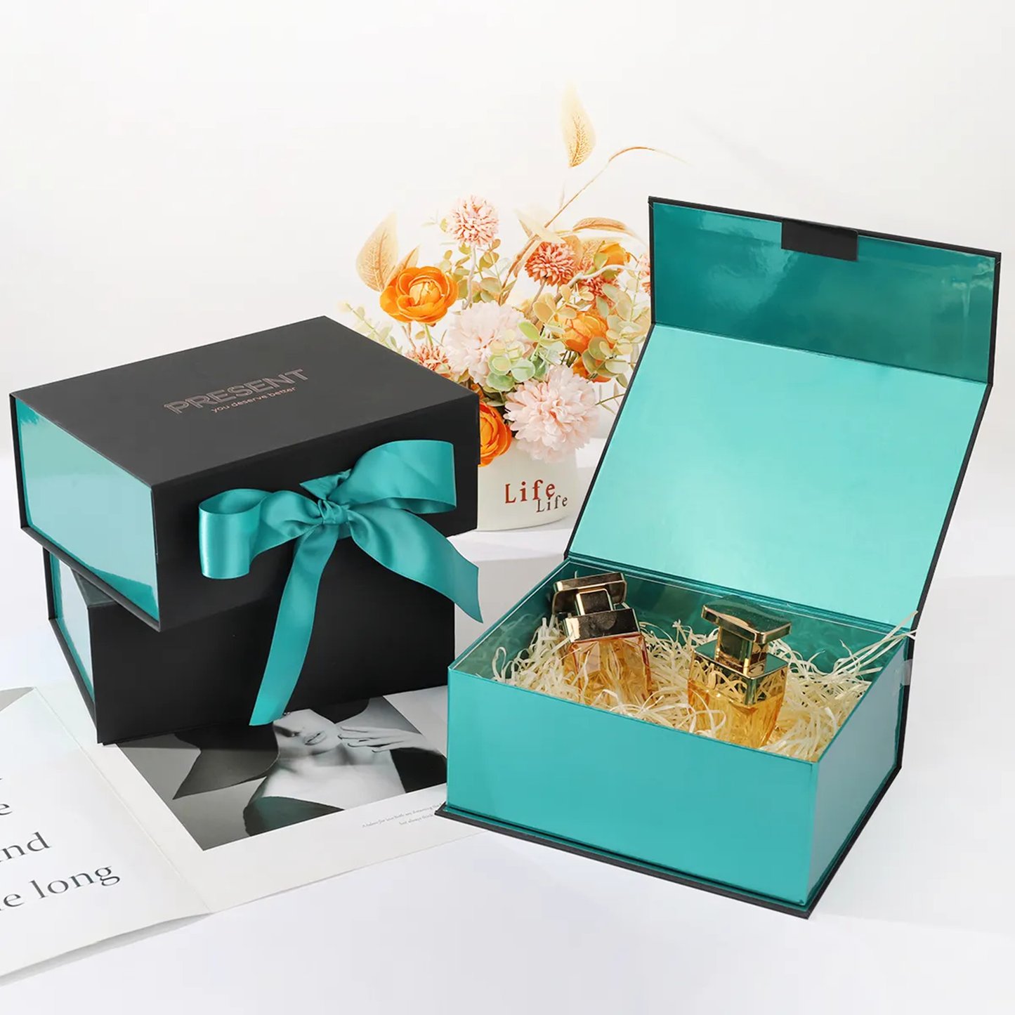 Custom Folding Black Magnetic Gift Box Wholesale With Ribbon