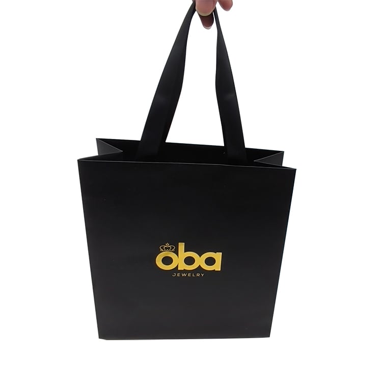 Wholesale Luxury Black Jewelry Paper Bag Ribbon Handle Custom Logo Printed Foil Stamping Shopping Bag