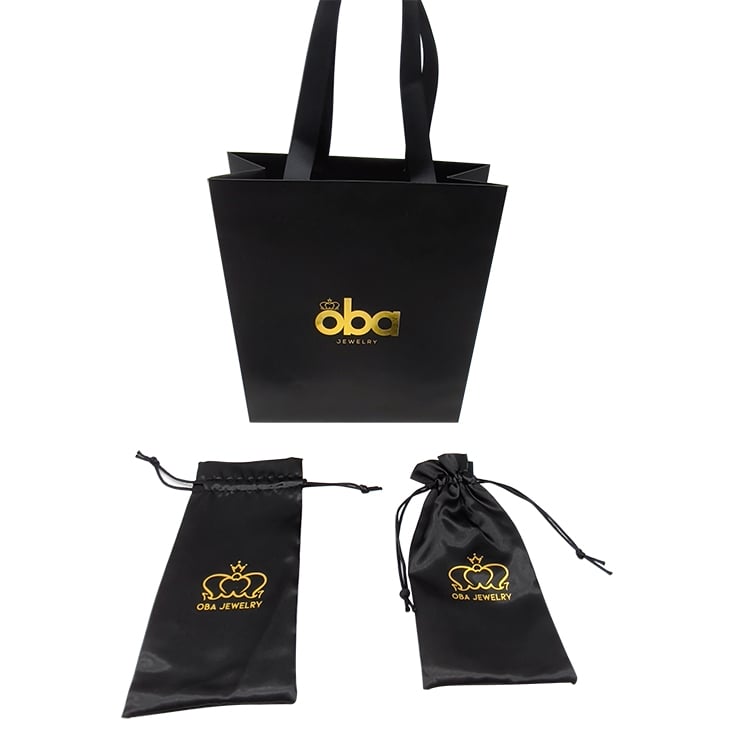 Wholesale Luxury Black Jewelry Paper Bag Ribbon Handle Custom Logo Printed Foil Stamping Shopping Bag