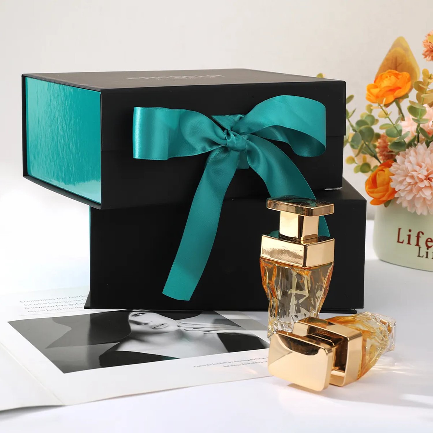 Custom Folding Black Magnetic Gift Box Wholesale With Ribbon