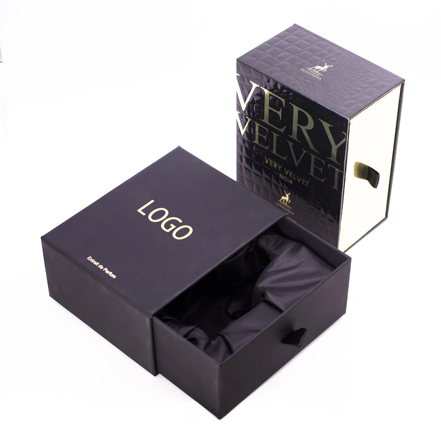 Wholesale Black Perfume Box Drawer Rigid Grey Board Printing Logo
