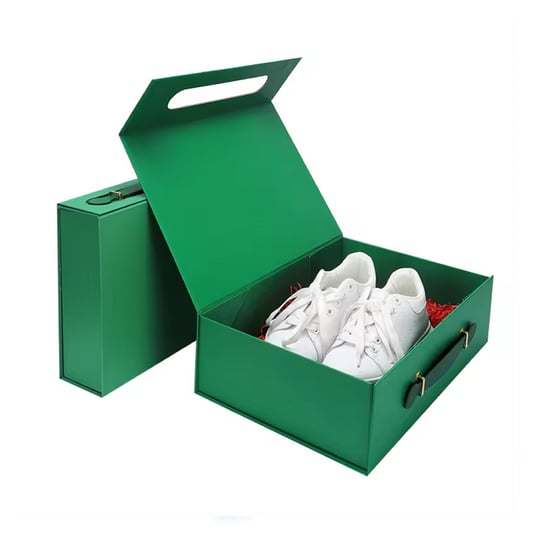 Luxury shoe box packaging  green cardboard  box  with  leather handle for sneakers